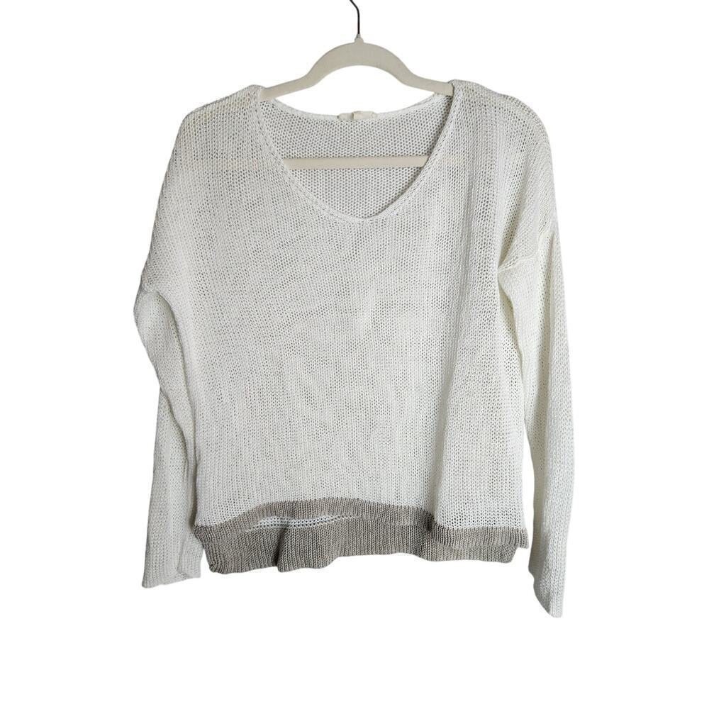 Eileen Fisher linen open knit sweater sz LP colorblock lightweight beachy boho